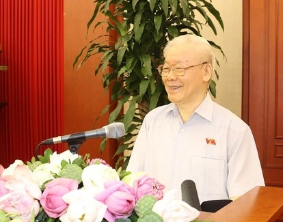 Tổng Bí thư Nguyễn Phú Trọng tại cuộc gặp mặt thân mật Nhóm nữ đại biểu Quốc hội Việt Nam khóa XV. Ảnh: Trí Dũng –TTXVN