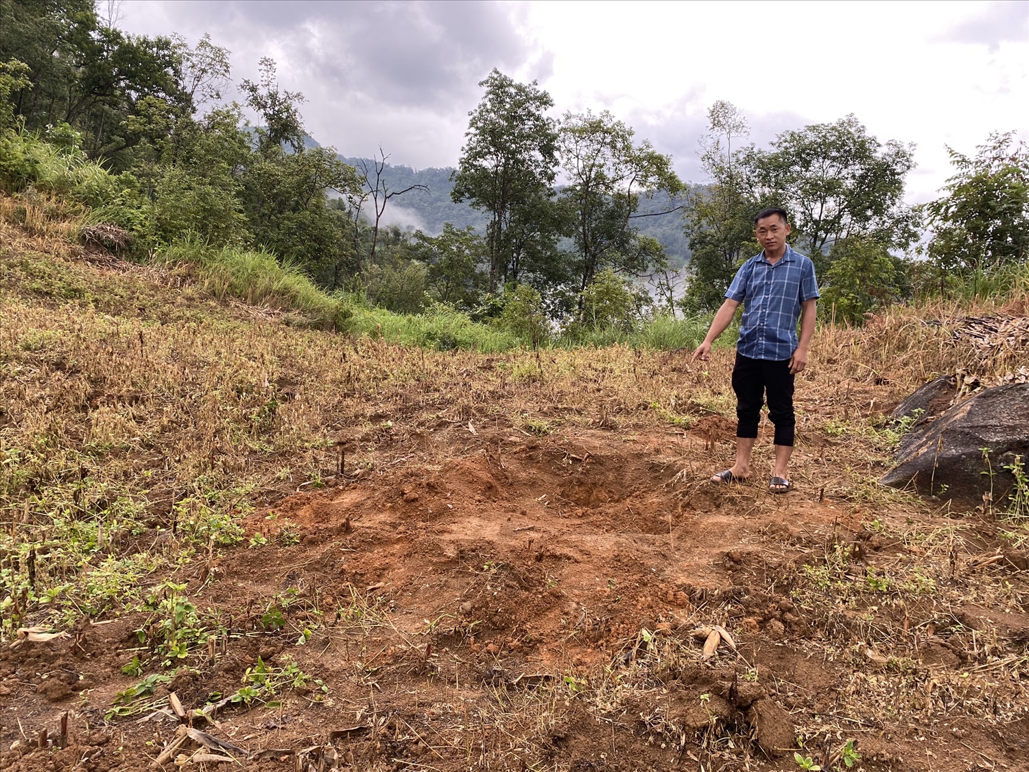 Khu đất đào được chiếc trống đồng cổ nằm cách đường dân sinh 100m và cách nhà anh Nông Văn Yên 2km