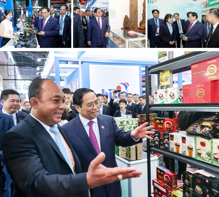 Thủ tướng thăm các gian hàng của Việt Nam tại Hội chợ - Ảnh: VGP/Nhật Bắc