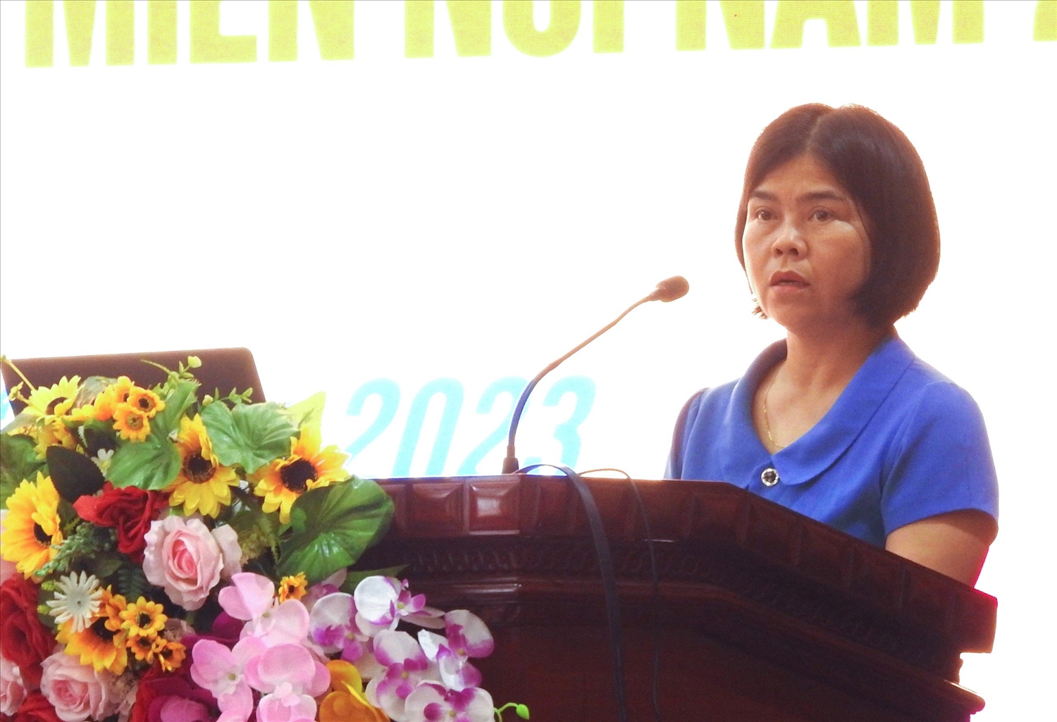 Bà Hoàng Thị Hà, Trưởng phòng Lao động Thương binh Xã hội - Dân tộc phát biểu tại Hội nghị