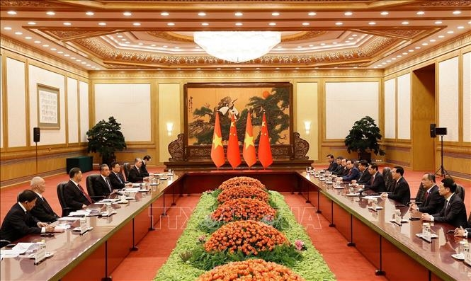 Chủ tịch nước Võ Văn Thưởng chúc mừng những thành tựu to lớn mà Trung Quốc đã đạt được kể từ Đại hội XX Đảng Cộng sản Trung Quốc đến nay - Ảnh: TTXVN