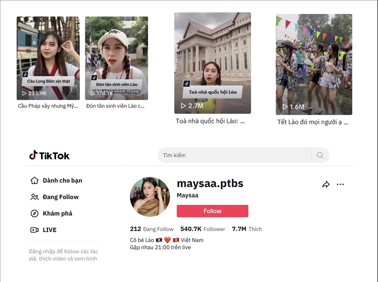 Trang mạng xã hội tiktok của Maysa thu hút hàng triệu lượt thích của khán giả Việt Nam cũng như Quốc tế