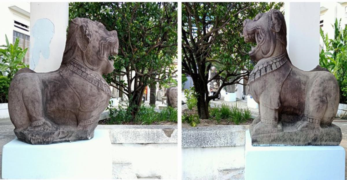 Hai tượng sư tử đá thành Đồ bàn hiện đang được trưng bày tại Bảo tàng tỉnh Bình Định