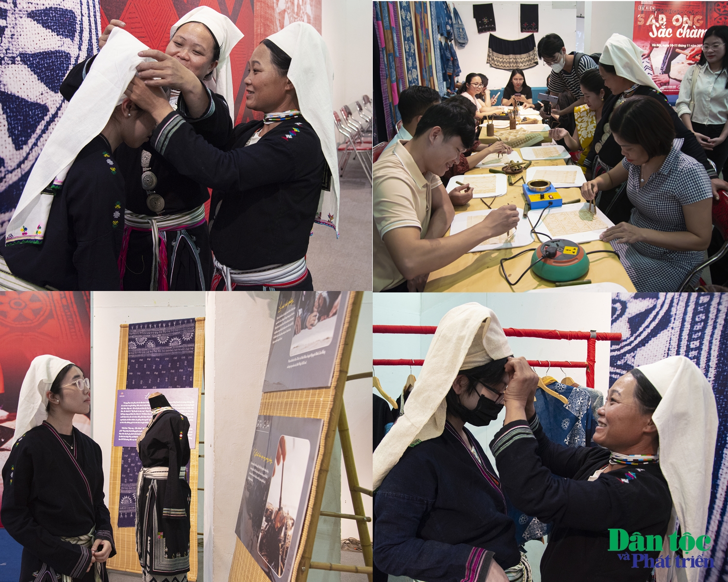 Bên cạnh hoạt động trải nghiệm vẽ sáp ong trên vải mộc, khách tham quan còn được mặc thử những bộ trang phục truyền thống của dân tộc Mông và Dao Tiền.