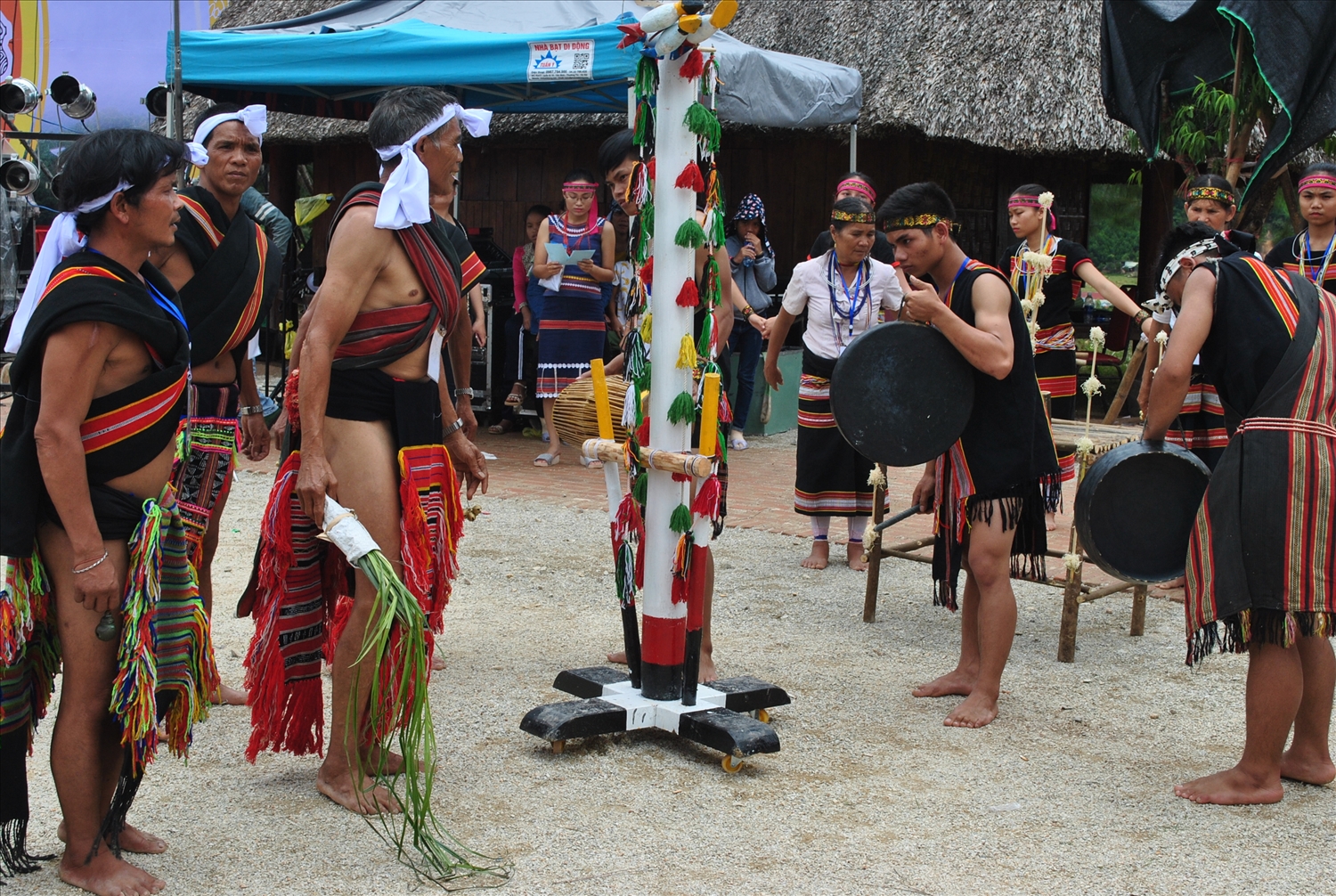 Già làng - Người có uy tín A Nghí (tay cầm bó cỏ) cùng dân làng thực hiện nghi thức dựng cây nêu của người Giẻ Triêng.