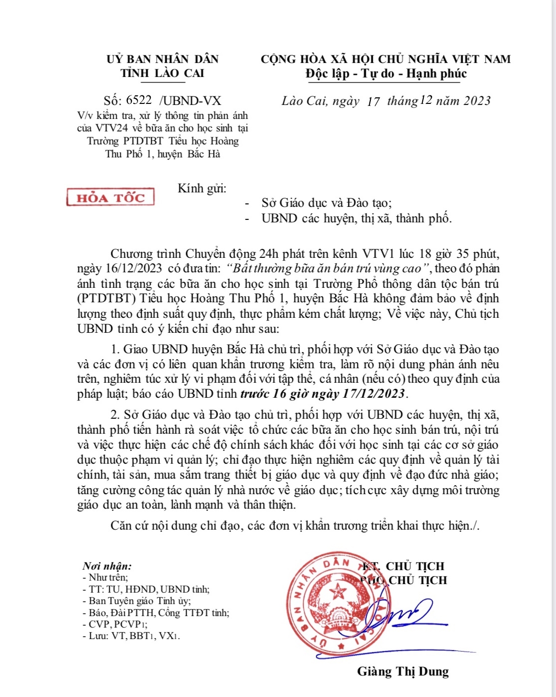 Công văn khẩn của tỉnh Lào CaI sáng ngày 17/12