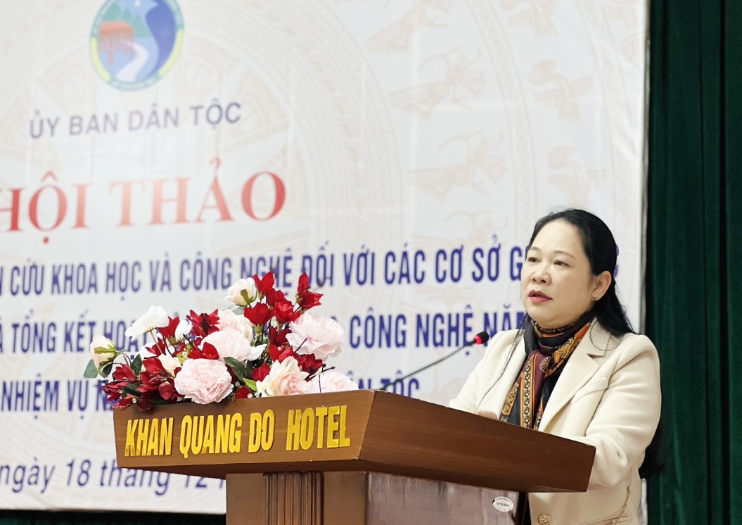 Thứ truởng, Phó chủ nhiệm UBDT Nông Thị Hà phát biểu tại hội thảo