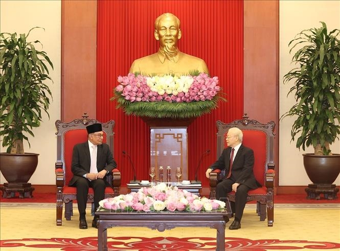 Tổng Bí thư Nguyễn Phú Trọng đánh giá cao những kết quả tốt đẹp của cuộc hội đàm giữa hai Thủ tướng, bày tỏ tin tưởng quan hệ hai nước còn nhiều tiềm năng để phát triển mạnh mẽ - Ảnh: TTXVN
