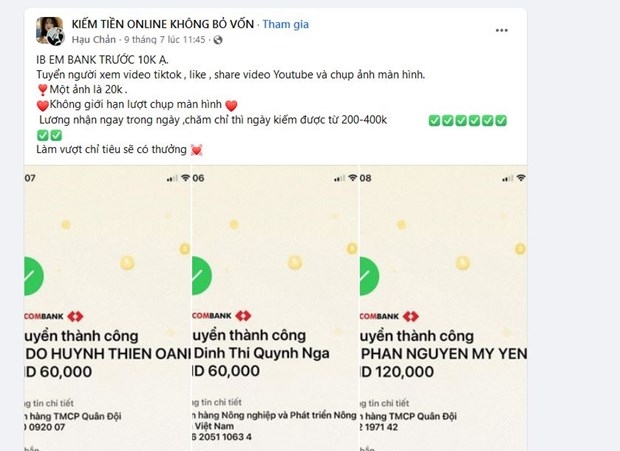 Một quảng cáo kiếm tiền nhờ like TikTok với những biên lai chuyển tiền dùng để chứng minh. (Nguồn: Vietnam+)