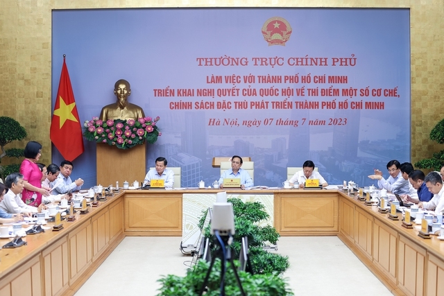 Thủ tướng Phạm Minh Chính chủ trì cuộc làm việc của Thường trực Chính phủ với TPHCM triển khai Nghị của Quốc hội về thí điểm một số cơ chế, chính sách đặc thù phát triển TPHCM - Ảnh: VGP/Nhật Bắc