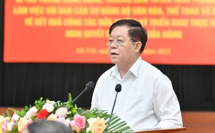 Đồng chí Nguyễn Trọng Nghĩa - Bí thư Trung ương Đảng, Trưởng Ban Tuyên giáo Trung ương phát biểu kết luận buổi làm việc