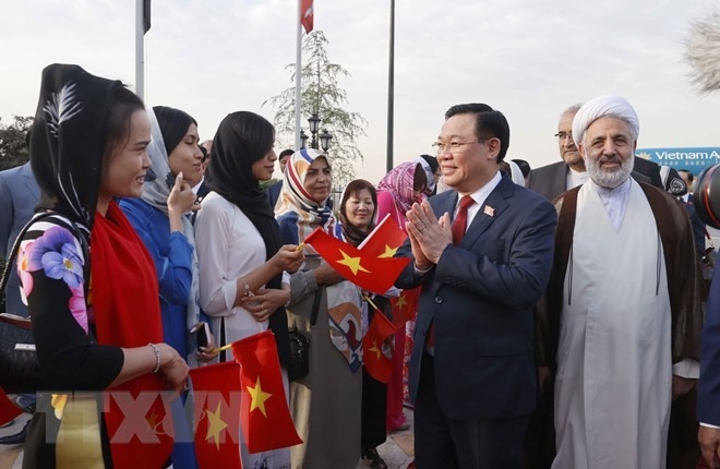 Cộng đồng người Việt đón Chủ tịch Quốc hội Vương Đình Huệ tại Sân bay Mehrabad, thủ đô Tehran. (Ảnh: Doãn Tấn/TTXVN)