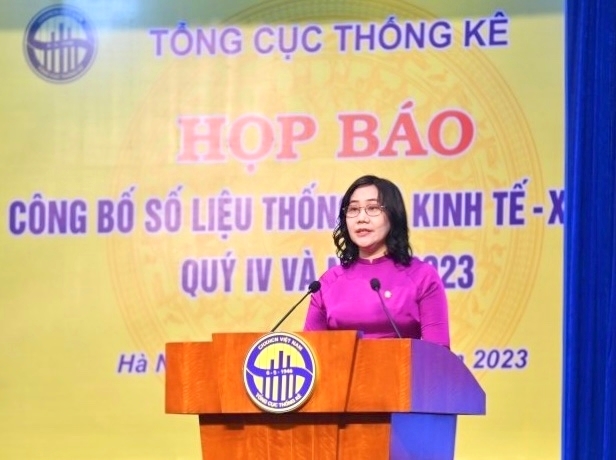 Bà Nguyễn Thị Hương - Tổng cục trưởng Thống kê công bố số liệu thống kê kinh tế-xã hội quý IV và năm 2023 tại họp báo
