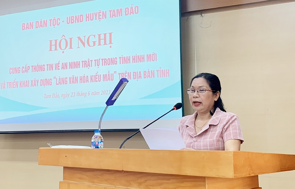 Phó Trưởng ban Dân tộc tỉnh Vĩnh Phúc Nguyễn Thị Lệ Thủy phát biểu tại Hội nghị