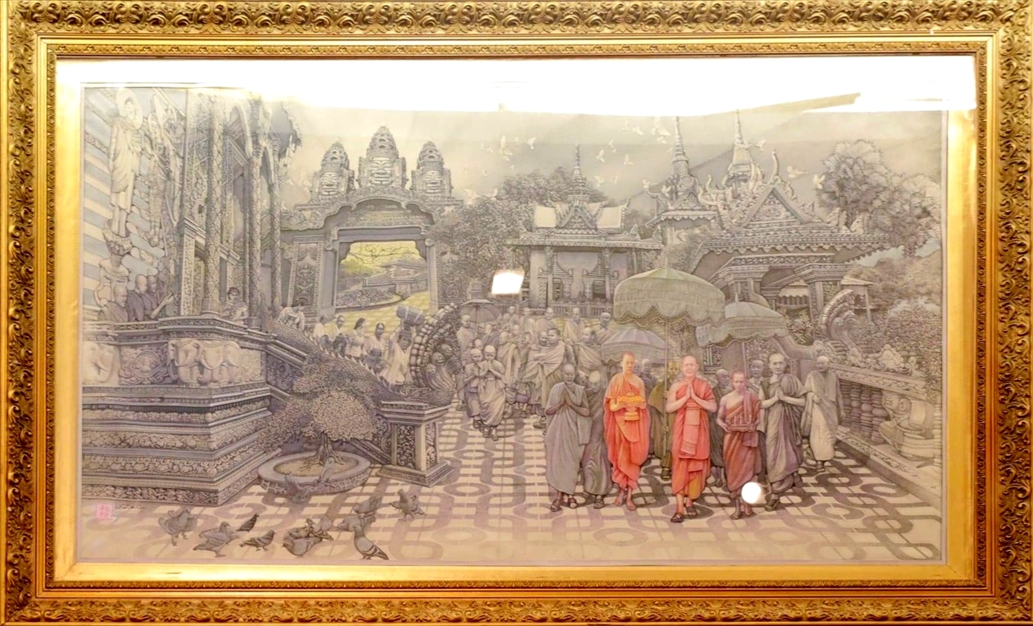 Tác phẩm “Lễ hội Khmer ở Cà Mau” - tác giả Lại Lâm Tùng – đạt giải Xuất sắc, được làm bằng chất liệu bút sắt, màu nước.