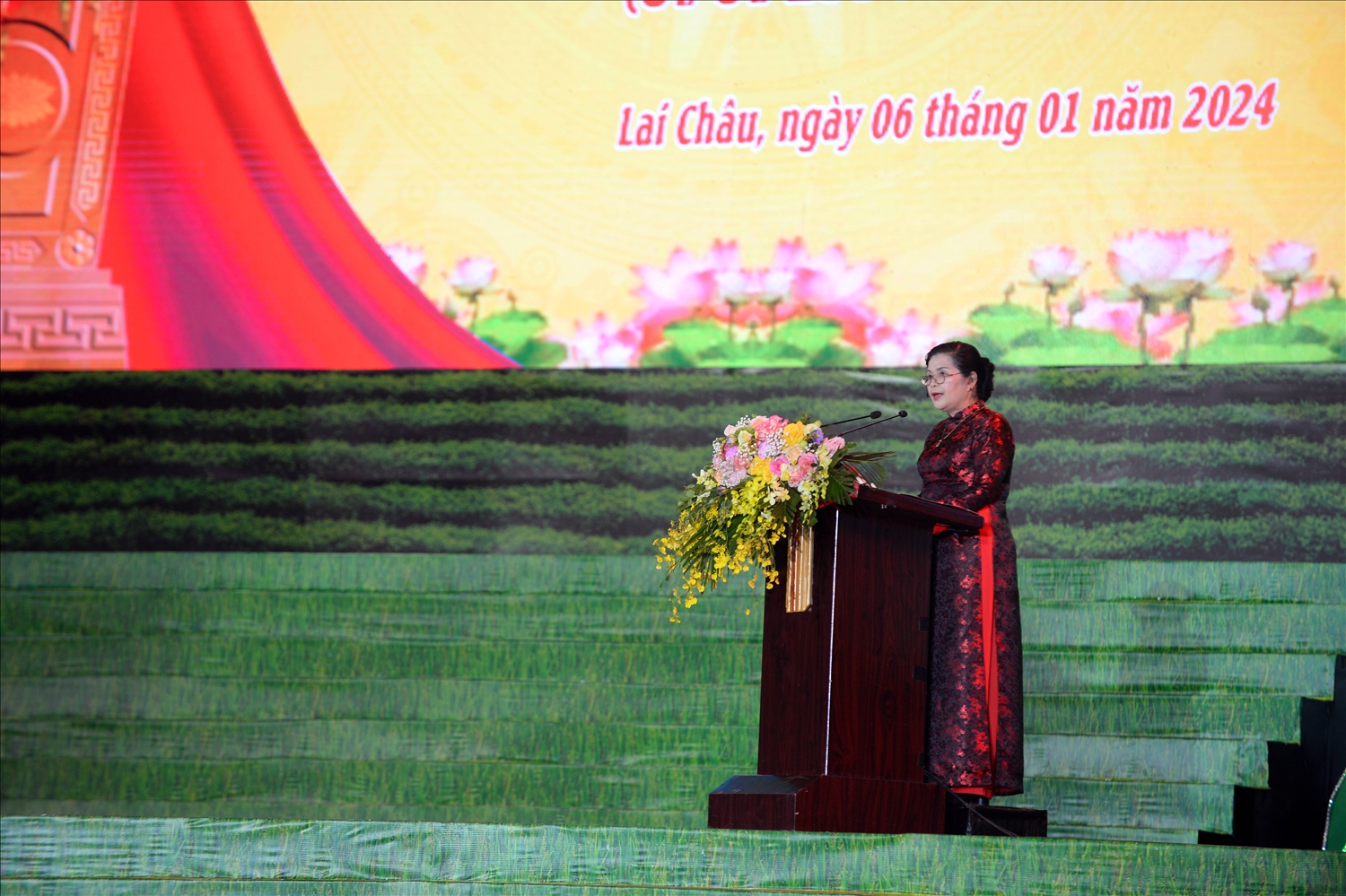 Bí thư tỉnh ủy Lai Châu Giàng Páo Mỷ đọc diễn văn tại Lễ kỷ niệm
