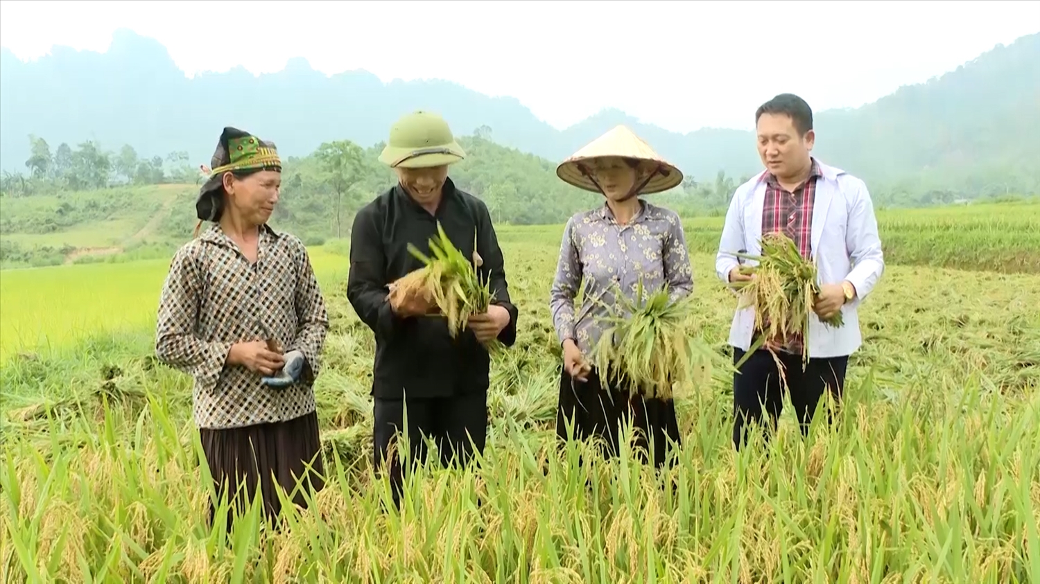 Ông Giàng A Chềnh, Người có uy tín thôn Tiên Tốc, xã Bình An, huyện Lâm Bình (thứ hai, từ trái qua) lao động cùng Nhân dân.