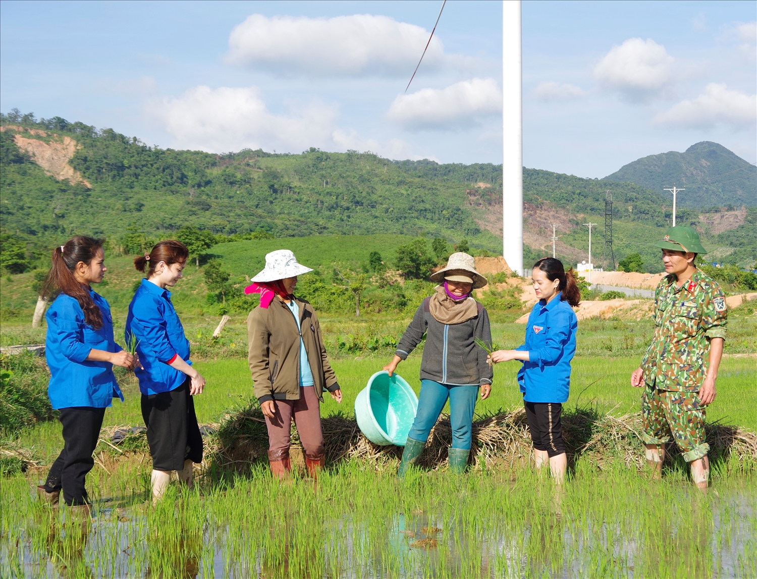 Cán bộ, nhân viên Đoàn KT-QP 337 hướng dẫn kỹ thuật thâm canh lúa nước cho người dân trên địa bàn.