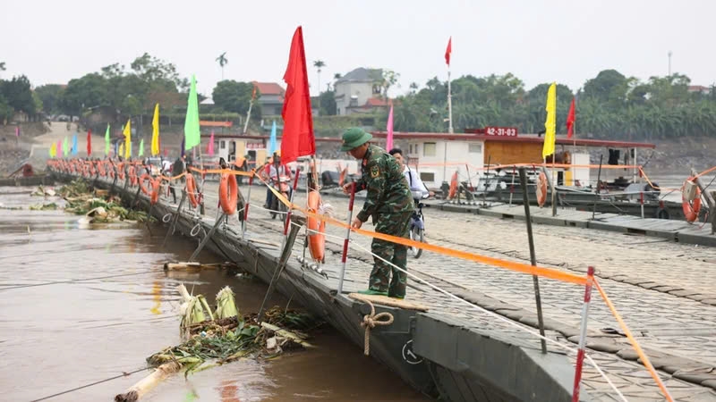 Nước từ thượng nguồn Sông Hồng đổ về kéo theo nhiều cây cối khiến cầu phao phải đóng để bảo đảm an toàn.