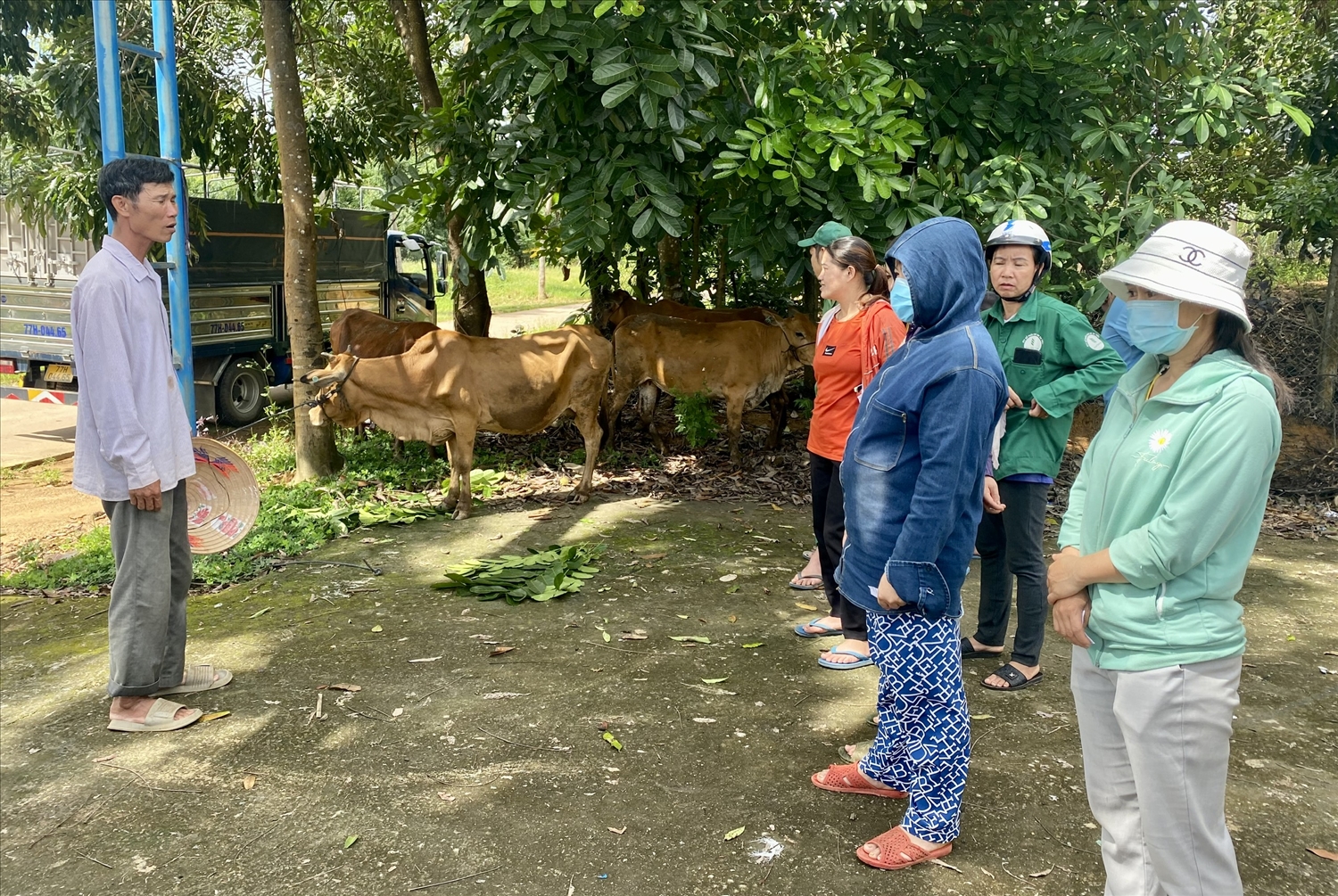 Ông Lê Văn Hào (bên trái) – Bí thư Chi bộ kiêm Thôn trưởng thôn 3, xã Ia Đal, huyện Ia H’Drai trao đổi với người dân trước khi nhận bò hỗ trợ