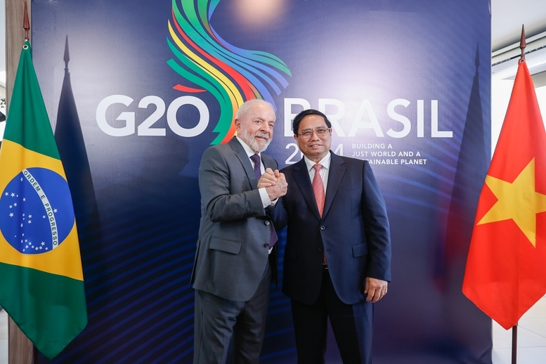 Thủ tướng Chính phủ Phạm Minh Chính và Tổng thống Brazil Luiz Inácio Lula da Silva trước hội đàm - Ảnh: VGP/Nhật Bắc