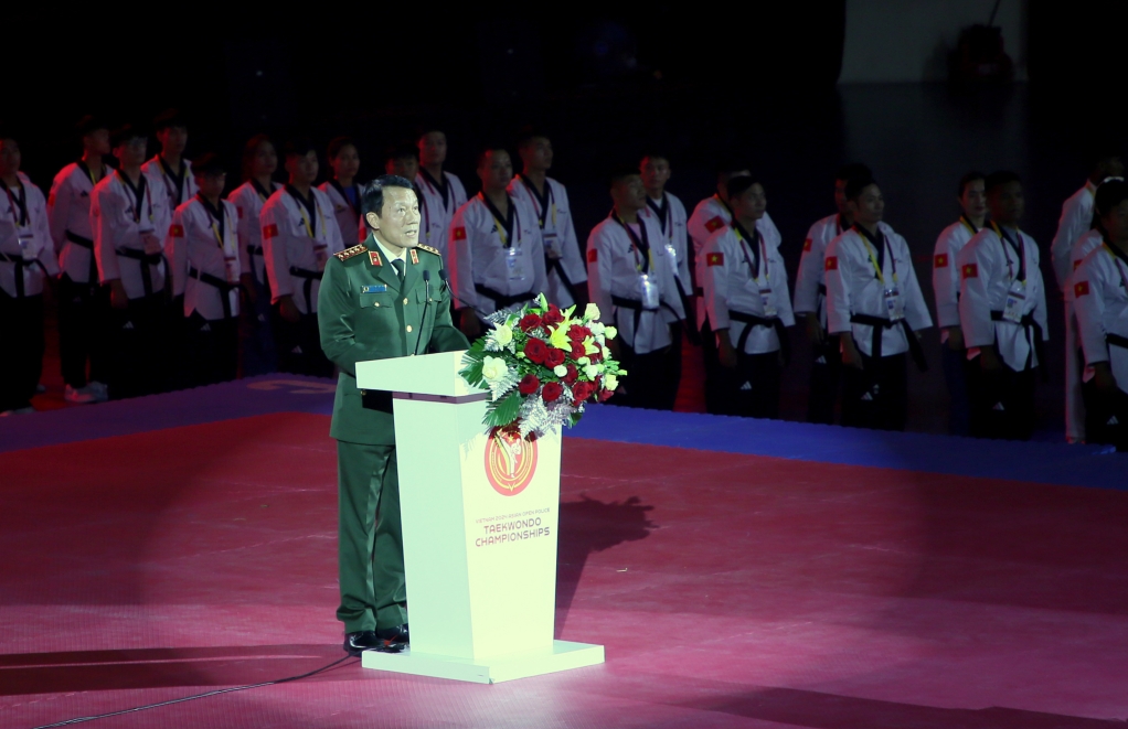 Đại tướng Lương Tam Quang, Ủy viên Bộ Chính trị, Bộ trưởng Bộ Công an, phát biểu khai mạc Giải Taekwondo Cảnh sát Châu Á mở rộng năm 2024