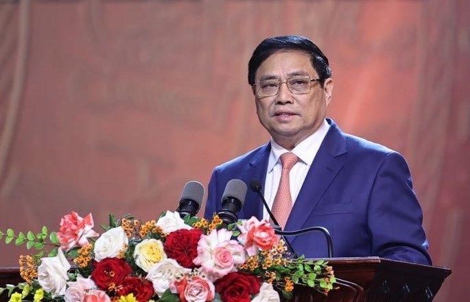 Thủ tướng Phạm Minh Chính dự và phát biểu tại lễ trao Giải báo chí Búa liềm vàng lần thứ VIII năm 2023 - Ảnh: VGP/Nhật Bắc
