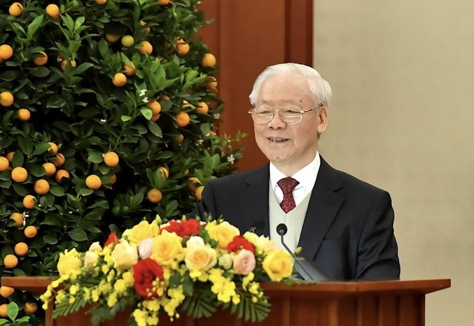 Tổng Bí thư Nguyễn Phú Trọng phát biểu chúc Tết Nguyên đán Giáp Thìn 2024. Ảnh: ĐĂNG KHOA