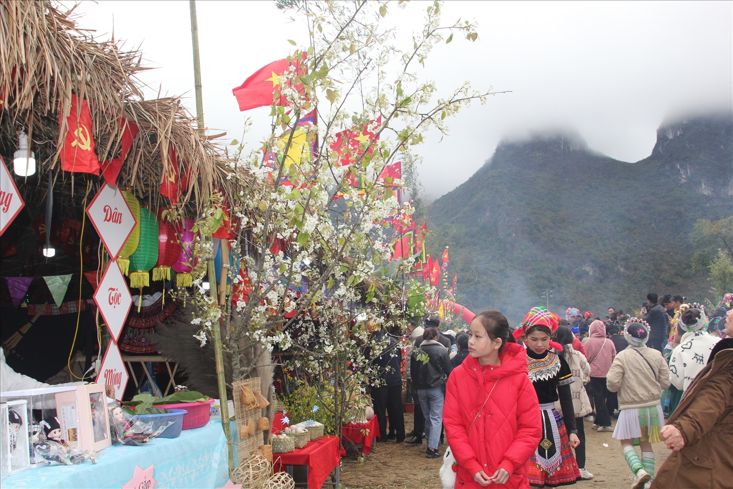 Những cành hoa lê được người dân trang trí tại Ngày hội văn hóa dân tộc Mông-Ngày hội hoa Lê vừa được tổ chức tại xã Xuân Trường