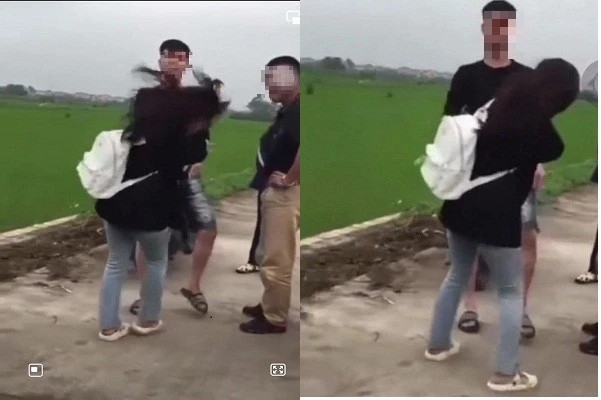Hình ảnh cắt từ clip nữ sinh lớp 7 ở tỉnh Hải Dương bị người nhà bạn cùng trường đánh.
