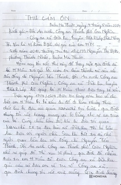 Thư cảm ơn chị H’Riêu Byă gửi đến Công an ở Đắk Nông