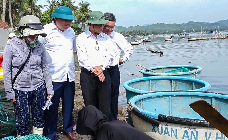 Ông Lê Tấn Hổ, Phó chủ tịch thường trực UBND tỉnh Phú Yên (thứ hai từ phải sang) kiểm tra tình hình tôm hùm, cá chết ở xã Xuân Thịnh