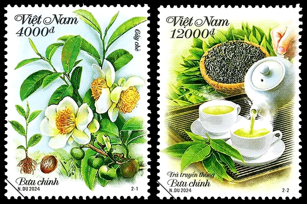Mẫu tem về cây chè và văn hóa uống trà của người Việt.