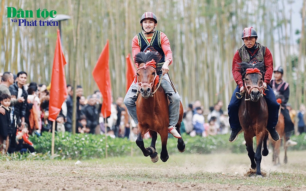 Sau những lượt đua kịch tính, ngựa đua số 51 do Nài ngựa Nông Văn Nghinh - Tuyên Quang (bên trái) cầm cương đã xuất sắc cán đích đầu tiên, giành chiếc cúp Vô địch danh giá