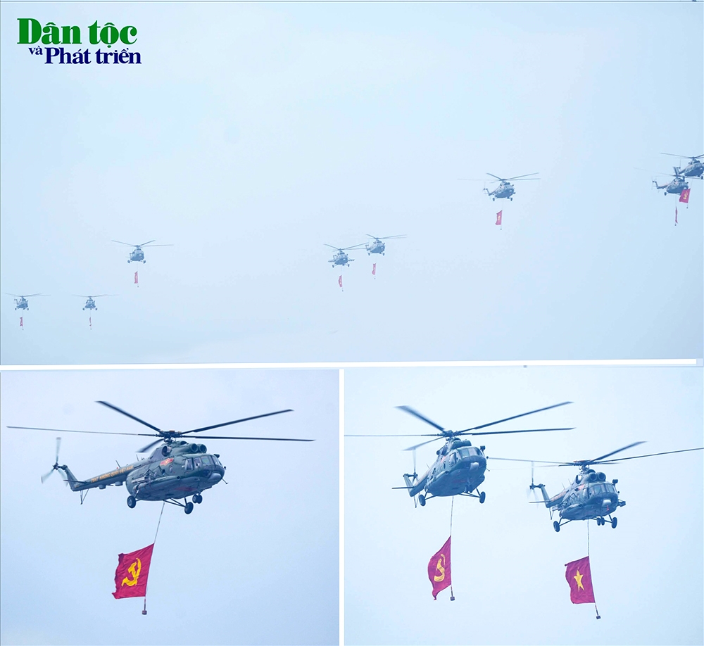 Mở đầu Lễ diễu binh, diễu hành là các biên đội trực thăng vũ trang thuộc Quân chủng Phòng không - Không quân, Quân đội nhân dân Việt Nam mang theo cờ Đảng, cờ Tổ quốc Việt Nam
