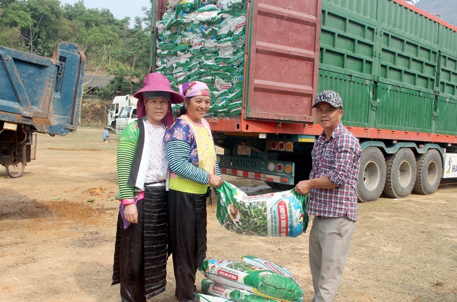 Người dân bản Xá Tự, xã Pú Nhung nhận phân bón hỗ trợ trồng mắc ca