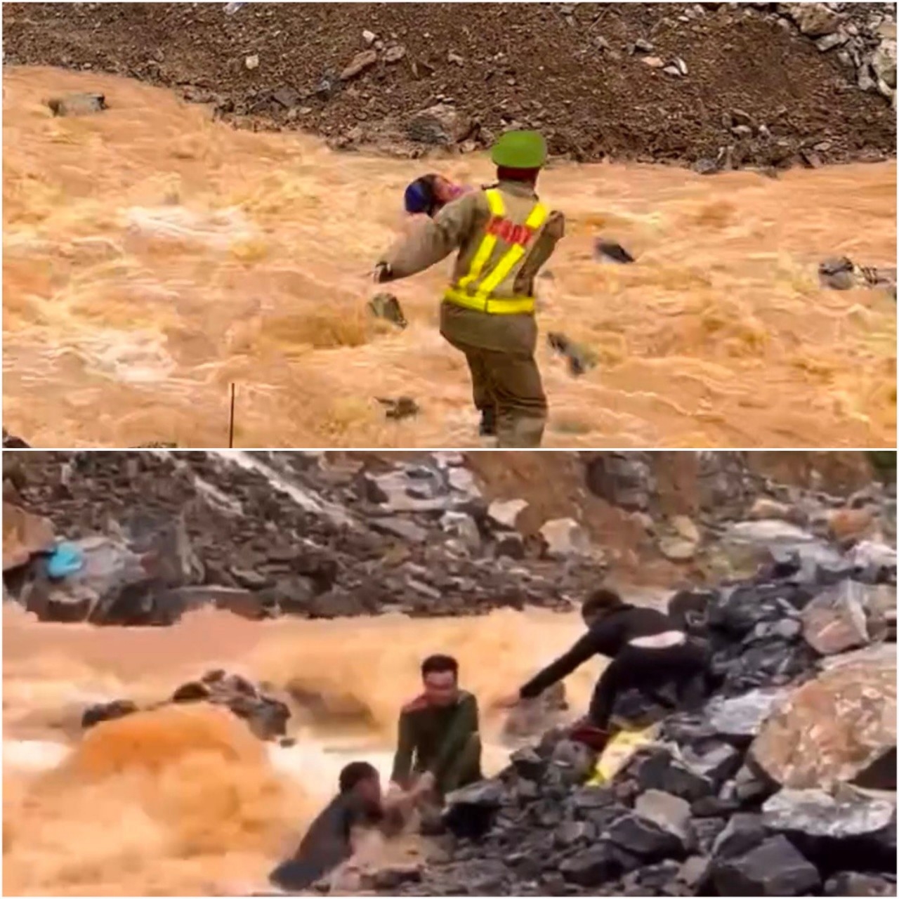 Hình ảnh Thượng úy Nguyễn Mạnh Tường, cán bộ Đội Cảnh sát giao thông, trật tự Công an huyện Mèo Vạc đã lao xuống dòng nước lũ, cứu kịp thời 2 người bị nước cuốn trôi