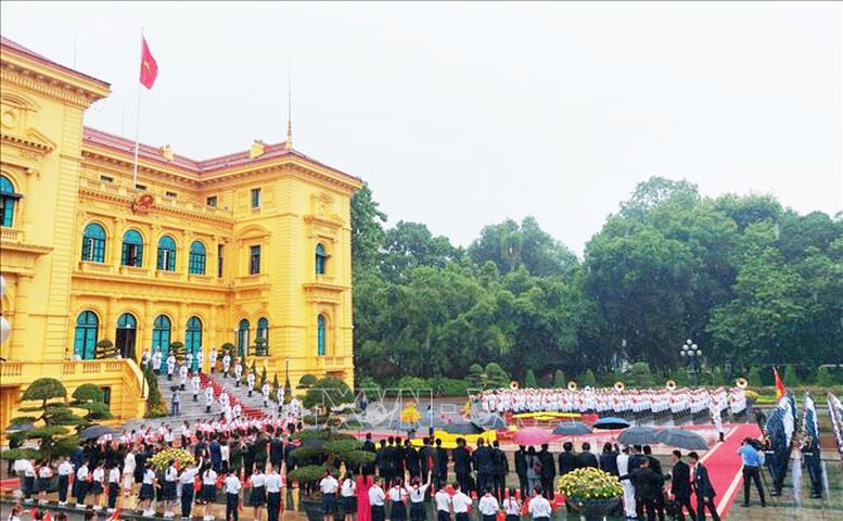 Quang cảnh lễ đón chính thức Tổng thống Timor-Leste thăm cấp Nhà nước tới Việt Nam - Ảnh: TTXVN