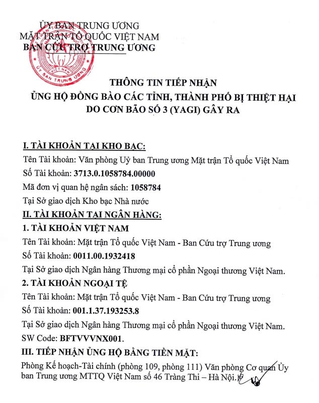 (Tin) Thông tin cập nhật số tài khoản và đầu mối tiếp nhận ủng hộ đồng bào bị thiệt hại do cơn bão số 3 của Ban Cứu trợ Trung ương 1