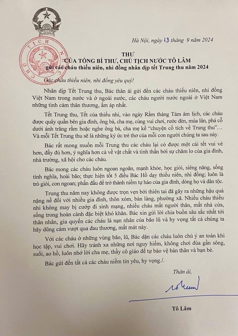 Tổng Bí thư, Chủ tịch nước Tô Lâm gửi thư chúc Tết Trung thu cho các cháu thiếu niên, nhi đồng