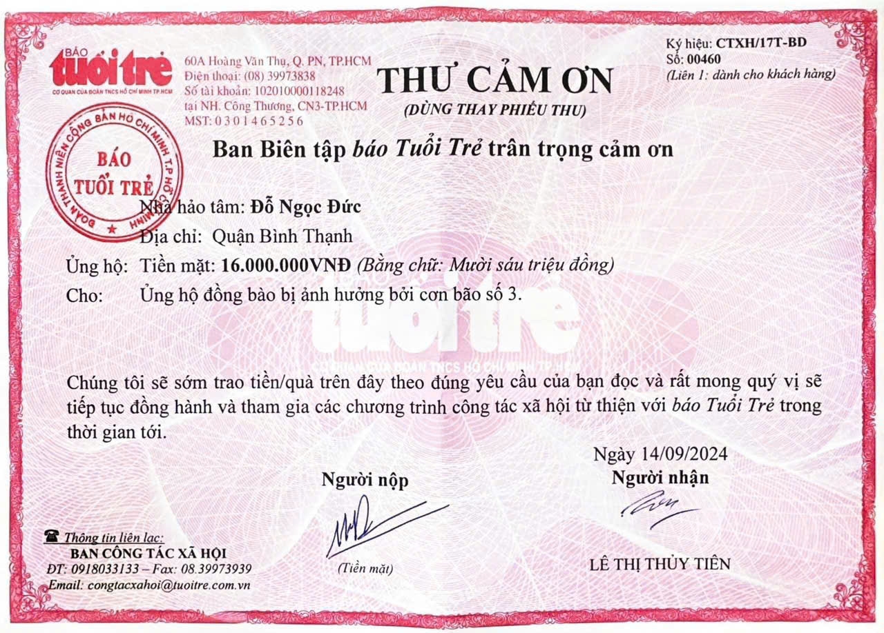 Thư cảm ơn của ban biên tập báo tuổi trẻ cảm ơn đồng chí Đại uý Cảnh sát PCCC&CNCH trích 1 tháng lương của mình để ủng hộ đồng bào bị lũ lụt