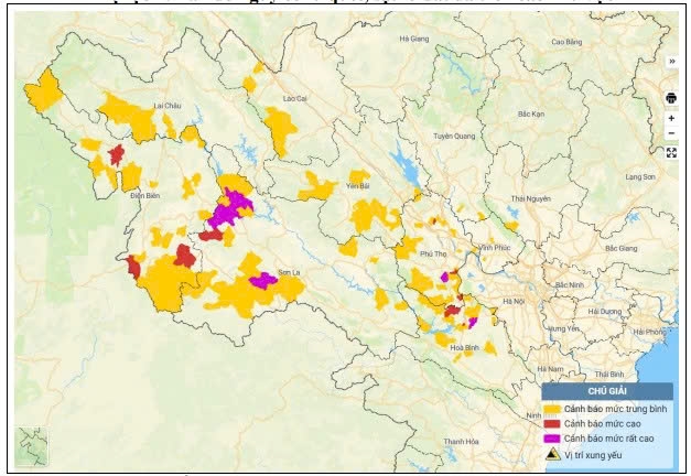 Bản đồ nguy cơ lũ quét, sạt lở đất đá trên các khu vực do TTKTTV Quốc gia cung cấp