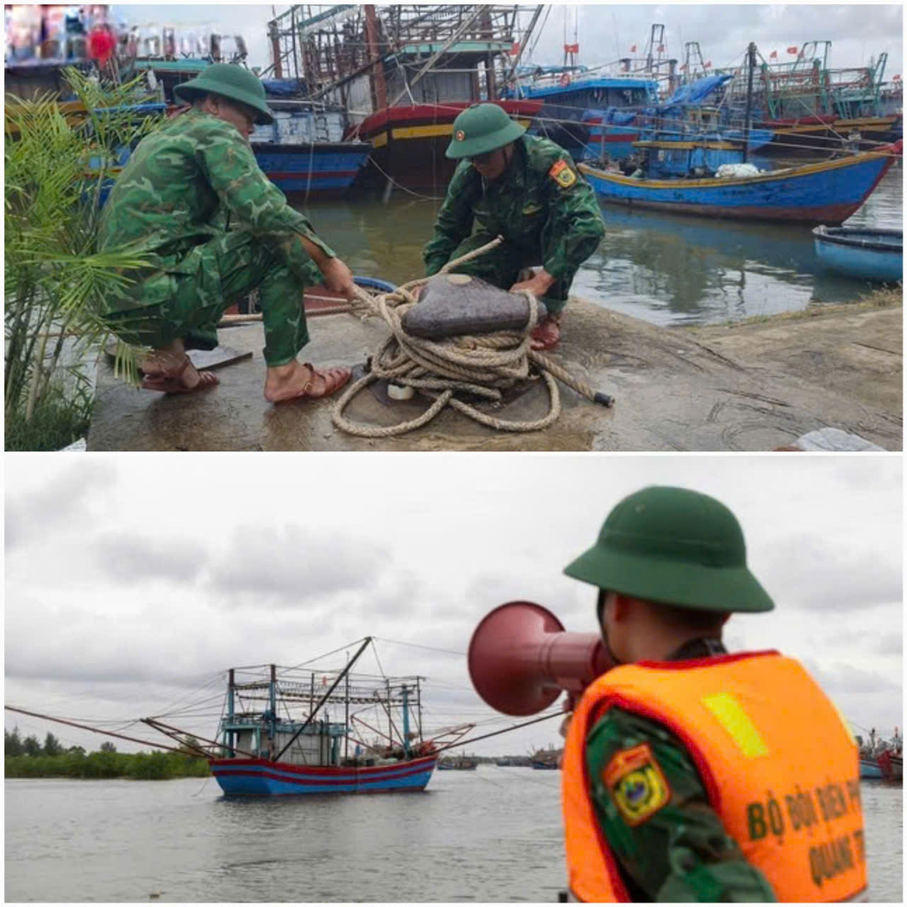 Lực lượng Đồn Biên phòng Triệu Vân hướng dẫn, hỗ trợ ngư dân neo đậu tàu thuyền và vận chuyển ngư lưới cụ lên bờ để ứng phó với bão số 4