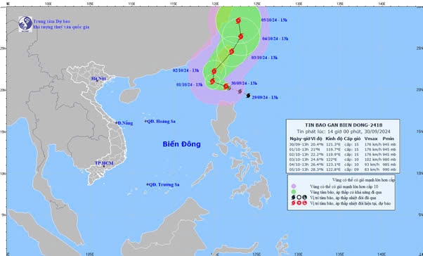 Vùng Biển nguy hiểm trong 24 giờ tới: Phía bắc vĩ tuyến 18,0; phía đông kinh tuyến 116,5 (vùng nguy hiểm được điều chỉnh trong các bản tin dự báo).