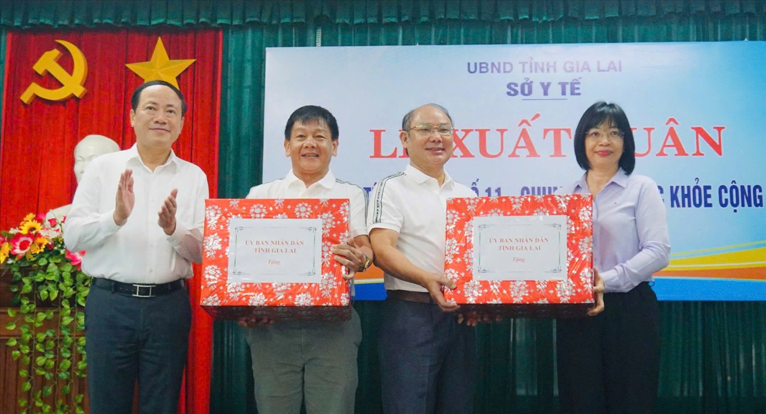 Lãnh đạo tỉnh Gia Lai tặng quà động viên đại diện đoàn cán bộ y tế làm nhiệm vụ (Ảnh P.H) 