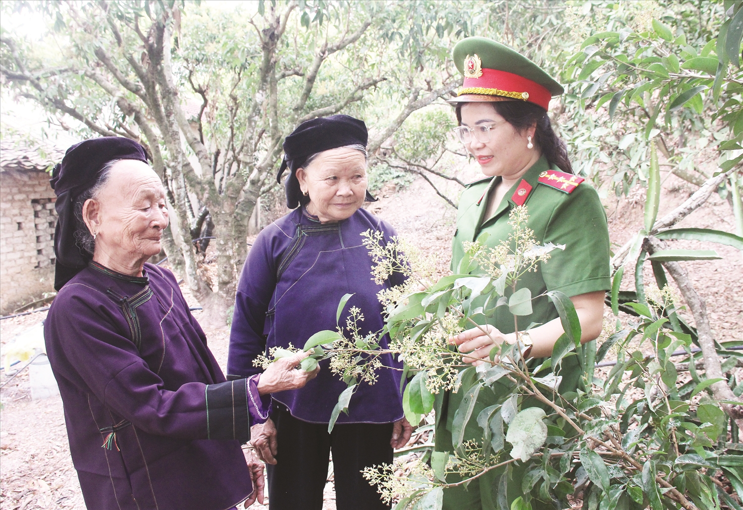 Đại úy Chu Thị Hồng Hà thăm hỏi, động viên tình hình sản xuất vải thiều của đồng bào dân tộc Nùng thôn Cái Cặn, xã Hộ Đáp