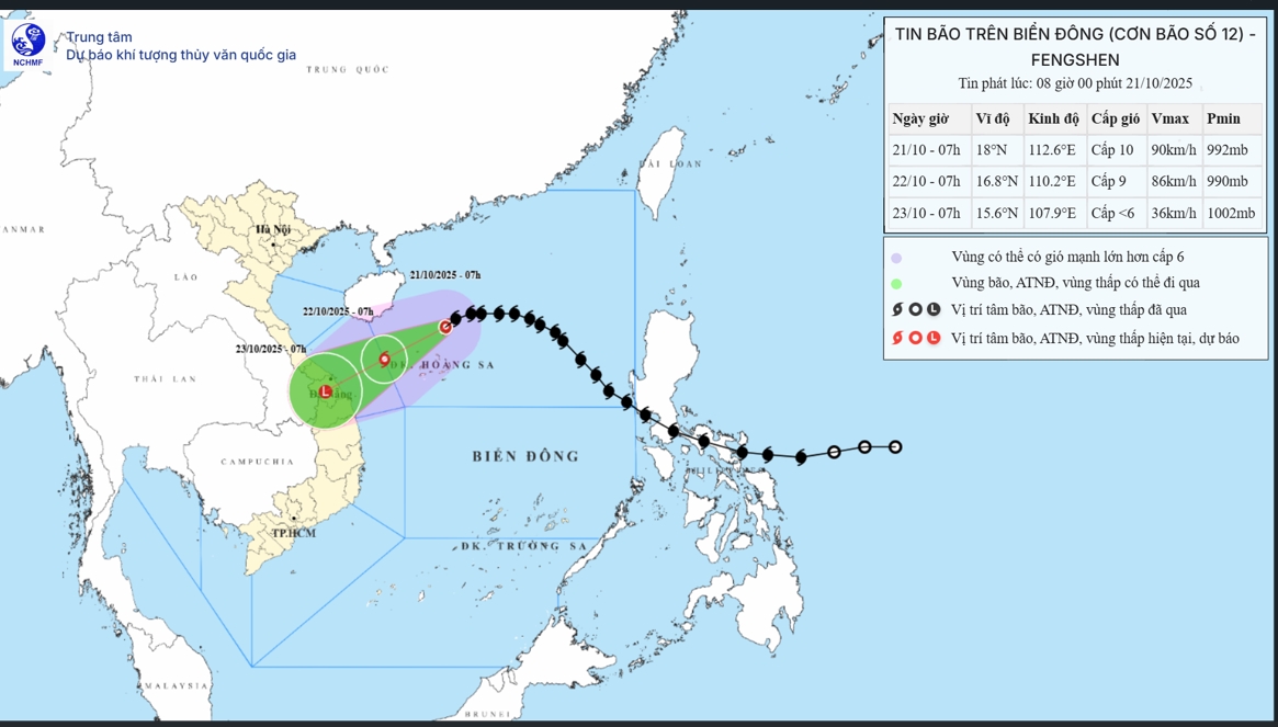 Hướng di chuyển của bão số 12, cập nhật sáng 21/10. Nguồn: NCHMF