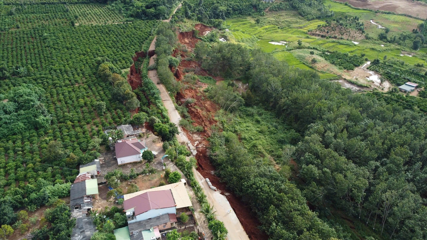 Đoạn đường bị sạt lở kéo dài hơn 300 mét, một phần mặt đường bị kéo sụp xuống