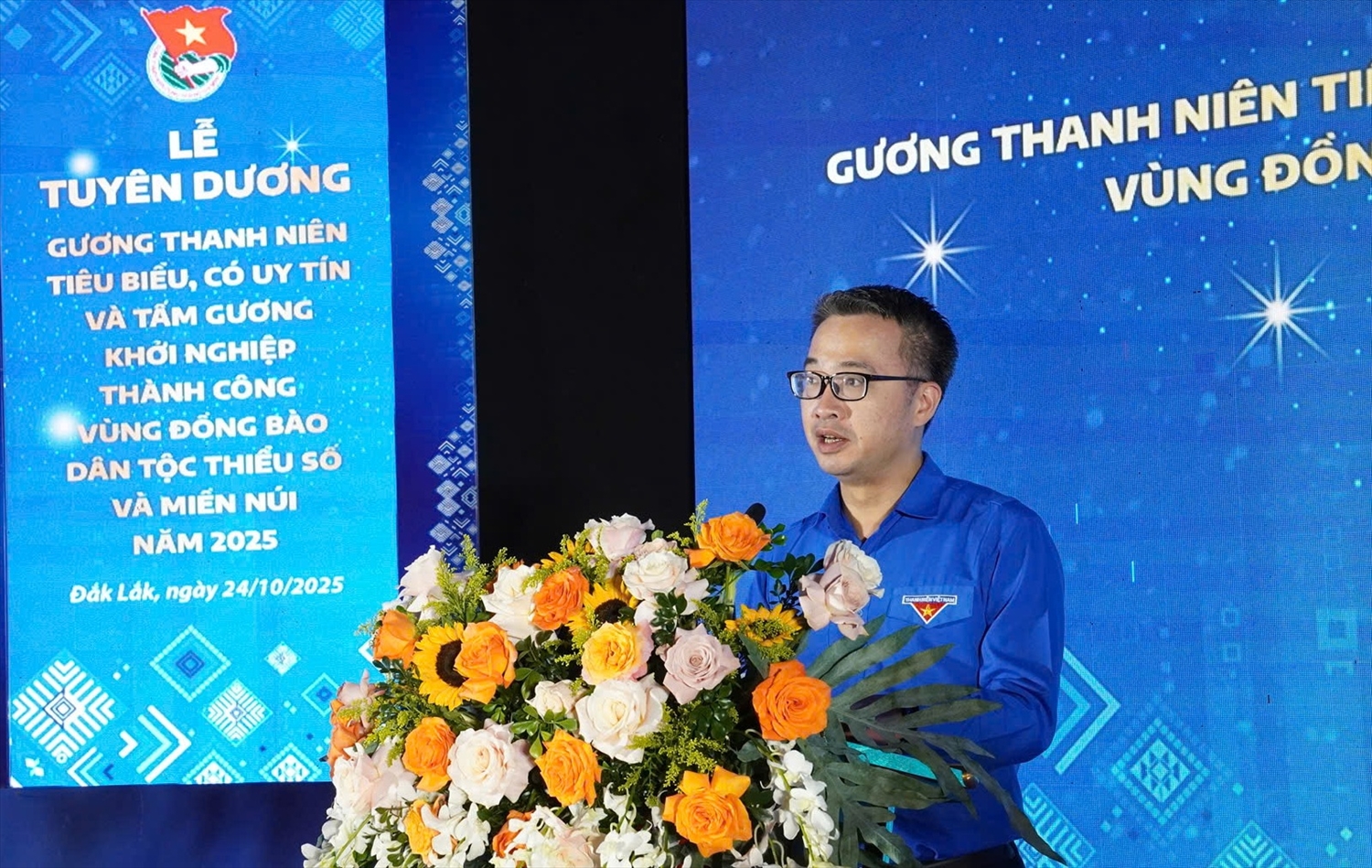 Anh Nguyễn Tường Lâm - Bí thư BCH Trung ương Đoàn, Chủ tịch Hội Liên hiệp thanh niên Việt Nam phát biểu tại buổi lễ (Ảnh: Lê Hường)