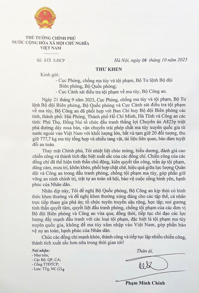 Thủ tướng Chính phủ gửi thư khen Bộ đội Biên phòng và Công an triệt phá đường dây ma túy lớn.